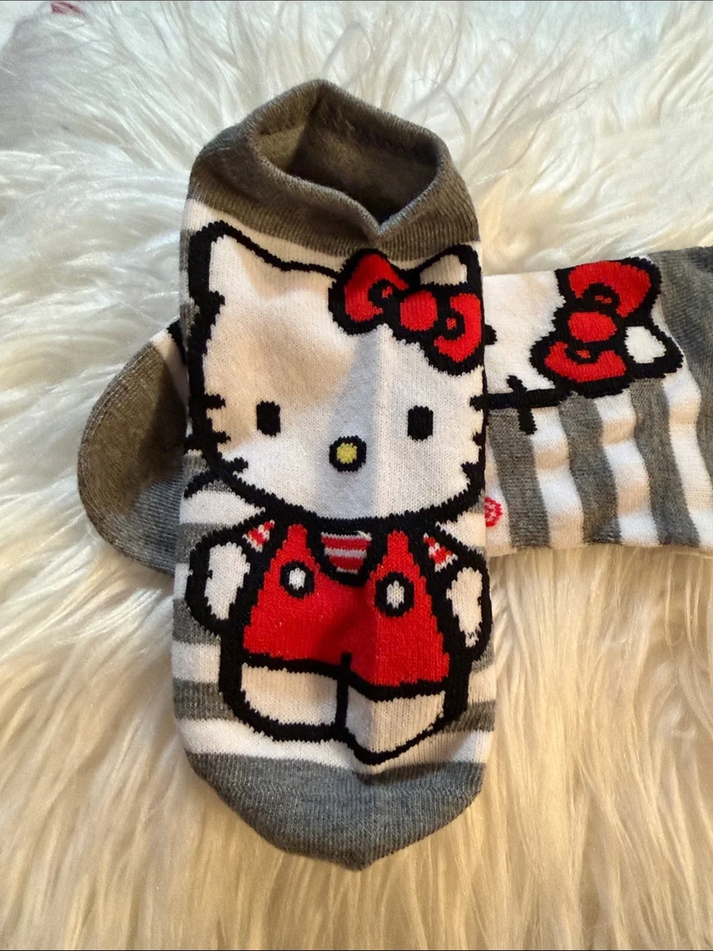 Sanrio Hello Kitty Gray & White Striped Ankle Socks with Red Bow